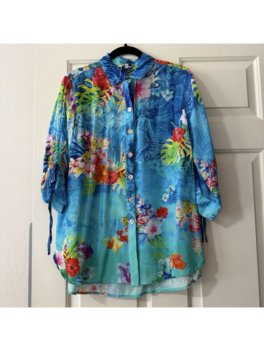 John Mark Blue Tropical Floral Print Button Up Top Cinch Tie Sleeves Sz S Small